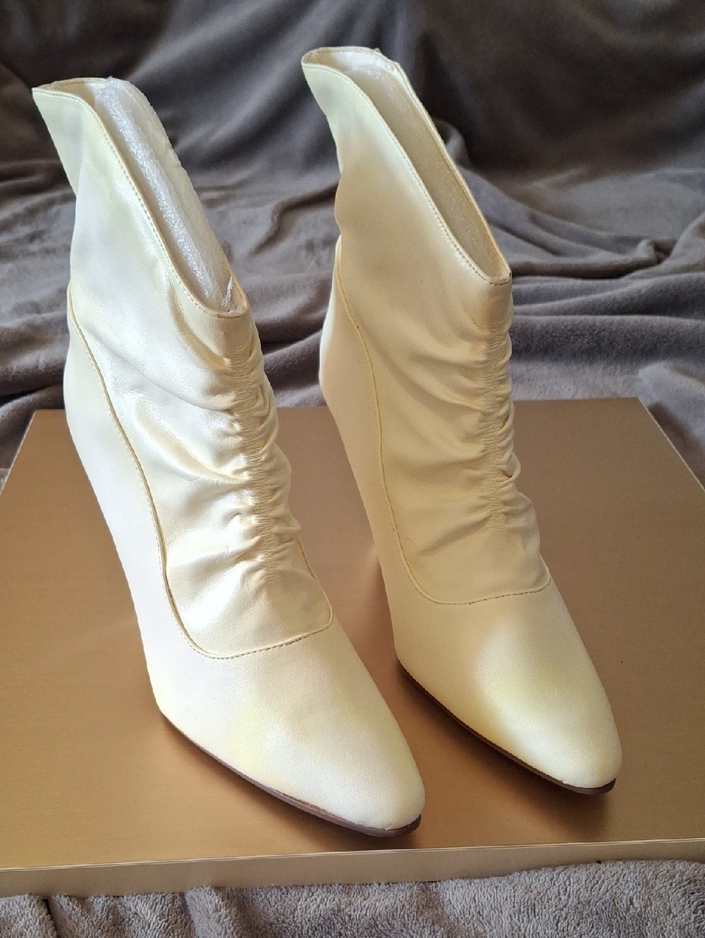 Michael Antonio Cream Satin Wedge Ankle Boots